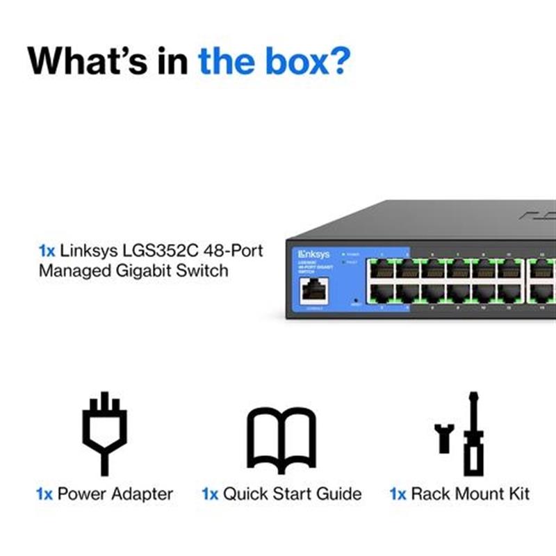 Linksys 48-poorts beheerde Gigabit-netwerkswitch, met vier 10G-SFP+-uplinkpoorten