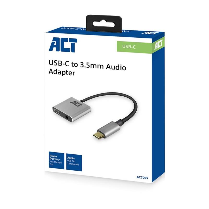 ACT AC7005 USB-C naar 3,5mm jack audio adapter en PD pass through