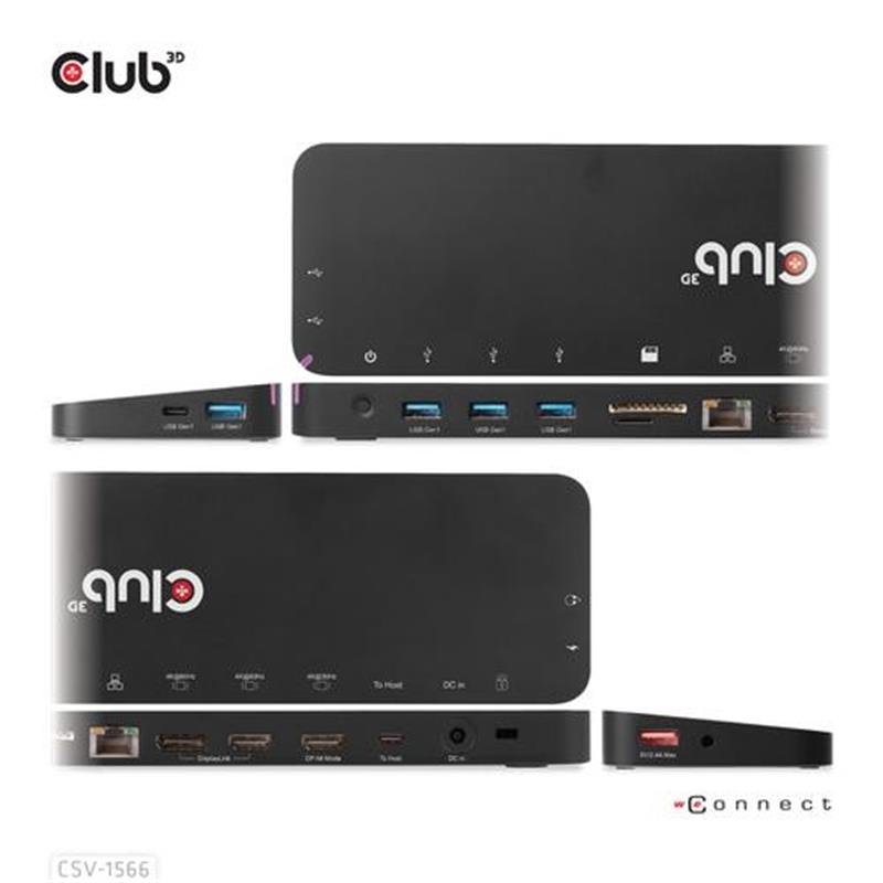 CLUB3D Universeel Docking station met 120W max/Power adapter voor het opladen van de allerzwaarste laptops met USB type C aansluiting, 2x HDMI, 1x DP(