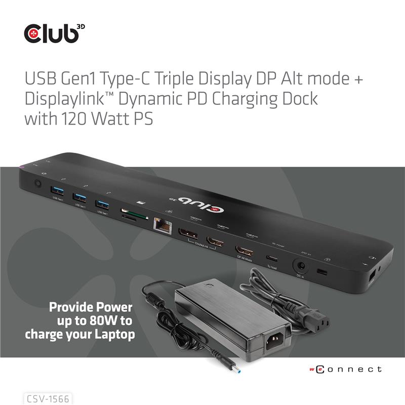 CLUB3D Universeel Docking station met 120W max/Power adapter voor het opladen van de allerzwaarste laptops met USB type C aansluiting, 2x HDMI, 1x DP(