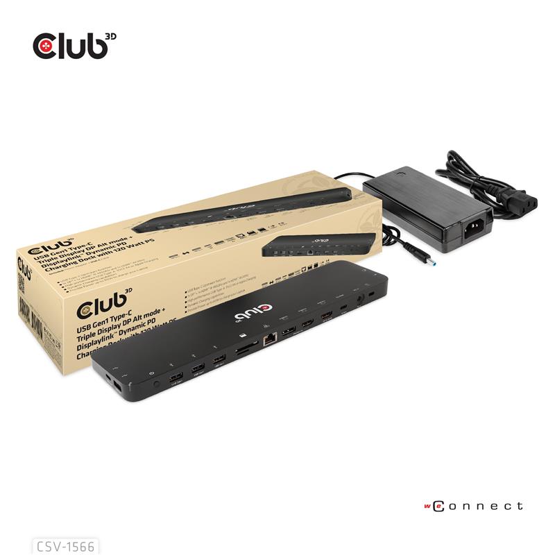 CLUB3D Universeel Docking station met 120W max/Power adapter voor het opladen van de allerzwaarste laptops met USB type C aansluiting, 2x HDMI, 1x DP(