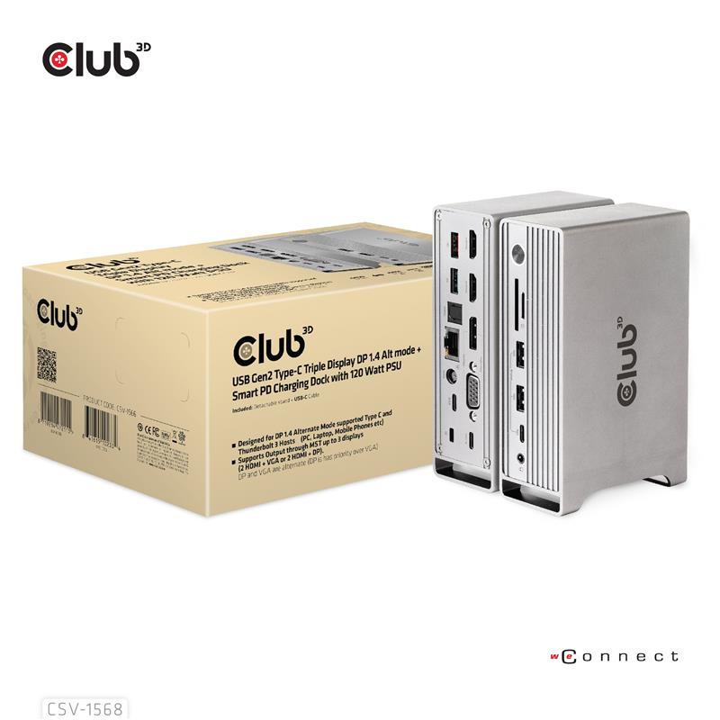 CLUB3D USB type C Universeel docking station 2x USB Gen2 Type-A 1x USB Gen1 Type-A 1x USB Type-A (ROOD) Smart Charging-poort 5V/2.4A Max. • 2x HDMI (D