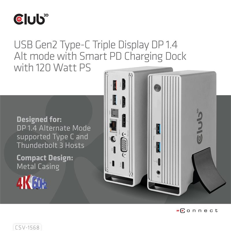 CLUB3D USB type C Universeel docking station 2x USB Gen2 Type-A 1x USB Gen1 Type-A 1x USB Type-A (ROOD) Smart Charging-poort 5V/2.4A Max. • 2x HDMI (D