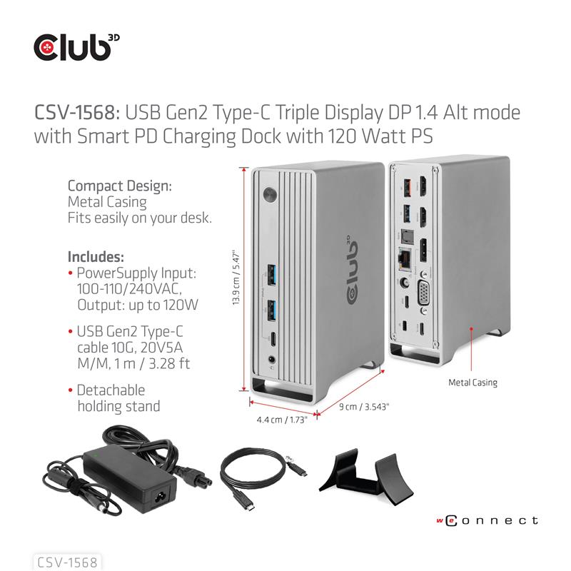CLUB3D USB type C Universeel docking station 2x USB Gen2 Type-A 1x USB Gen1 Type-A 1x USB Type-A (ROOD) Smart Charging-poort 5V/2.4A Max. • 2x HDMI (D