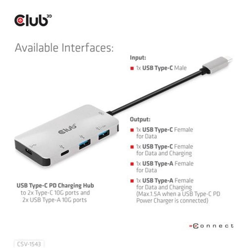 CLUB3D USB Gen2 Type-C Universele Hub naar 1x Type-C 10G ports 1x Type C data en 100 WATT opladen en 2x USB Type-A 10G ports