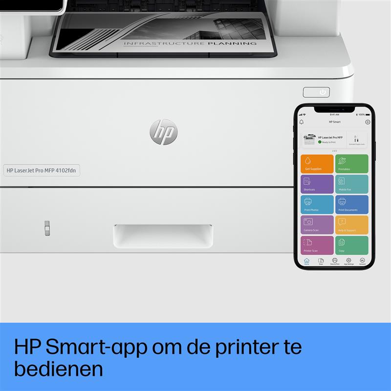 HP LaserJet Pro MFP 4102fdn printer, Zwart-wit, Printer voor Kleine en middelgrote ondernemingen, Printen, kopiëren, scannen, faxen, Geschikt voor Ins