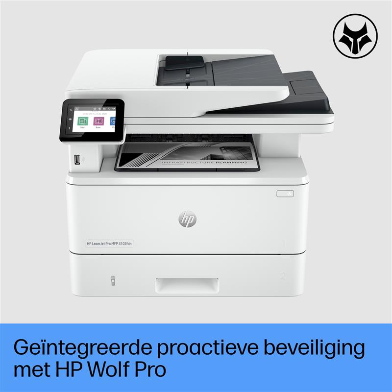 HP LaserJet Pro MFP 4102fdn printer, Zwart-wit, Printer voor Kleine en middelgrote ondernemingen, Printen, kopiëren, scannen, faxen, Geschikt voor Ins