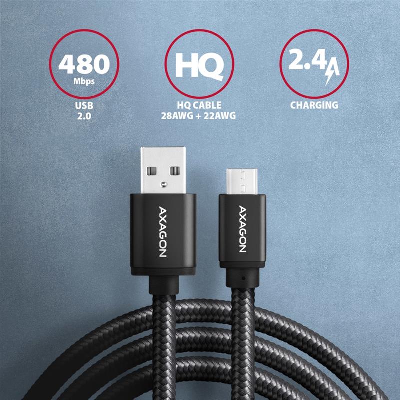 Axagon BUMM-AM15AB USB-kabel USB 2.0 1,5 m Micro-USB B USB A Zwart