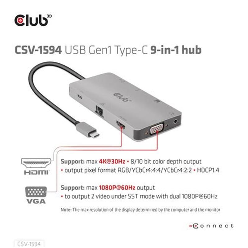 CLUB3D Type-C 9-in-1 hub with HDMI, VGA, 2x USB Gen1 Type-A,RJ45,SD/Micro SD card slots and USB Type-C oplaad mogelijkheid tot max 100Watt( Ook geschi