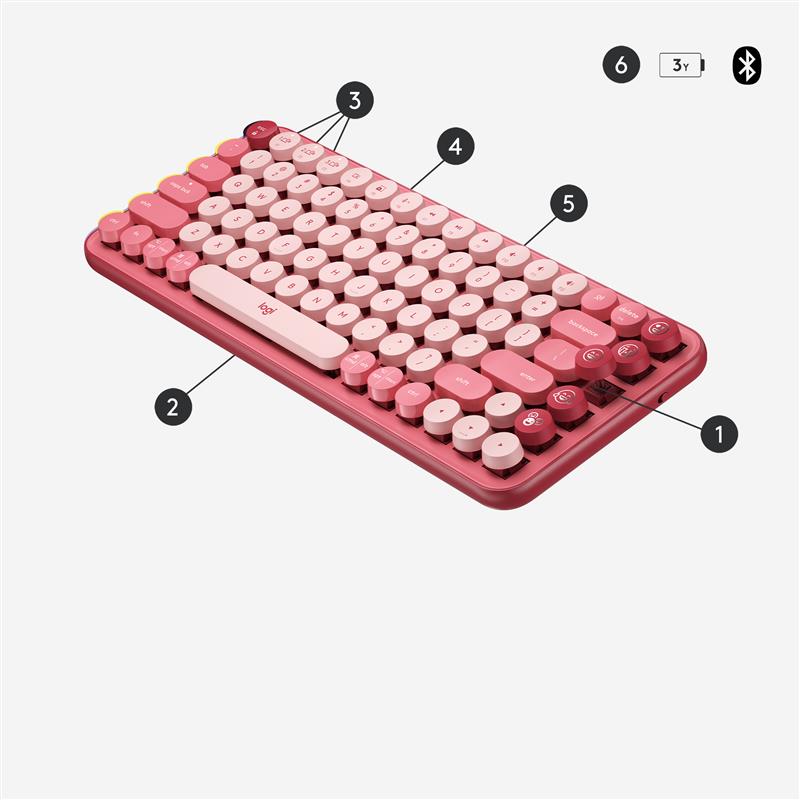 Logitech POP Keys Wireless Mechanical Keyboard With Emoji Keys toetsenbord RF-draadloos + Bluetooth QWERTZ Zwitsers Bordeaux rood, Roze, Roze