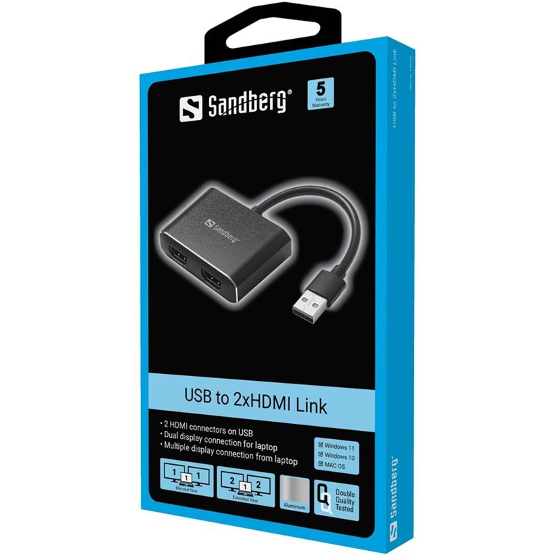 Sandberg 134-35 video kabel adapter USB Type-A 2 x HDMI Zwart