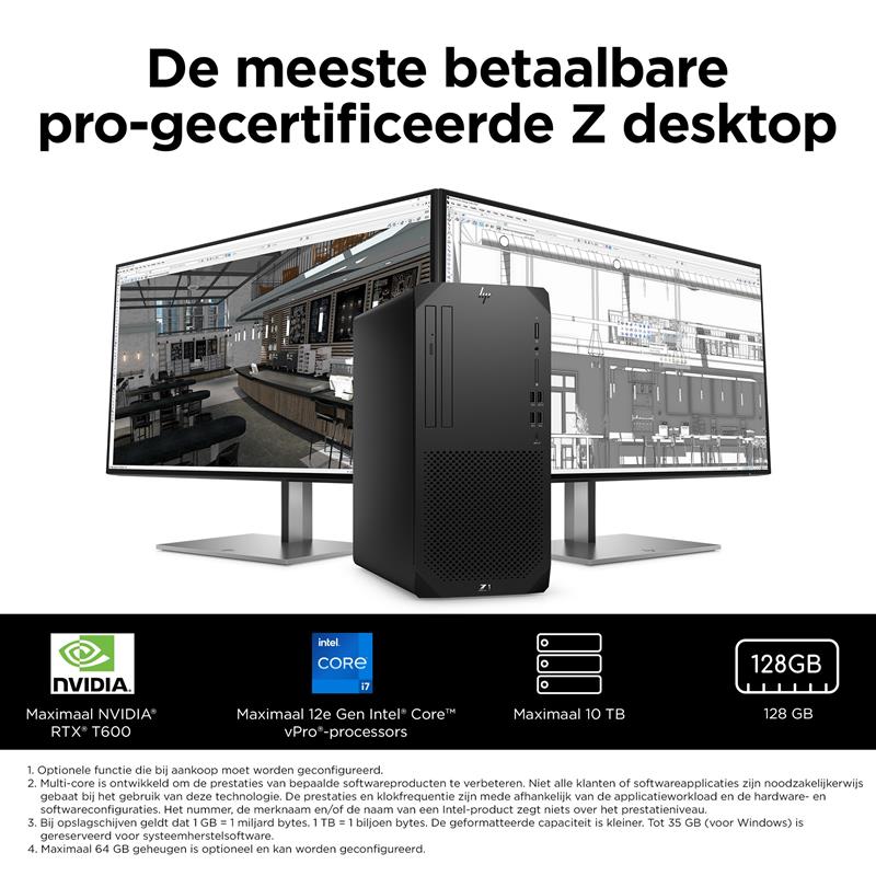 HP Z1 G9 i7-12700 Tower Intel® Core™ i7 16 GB DDR5-SDRAM 512 GB SSD Windows 10 Pro PC Zwart