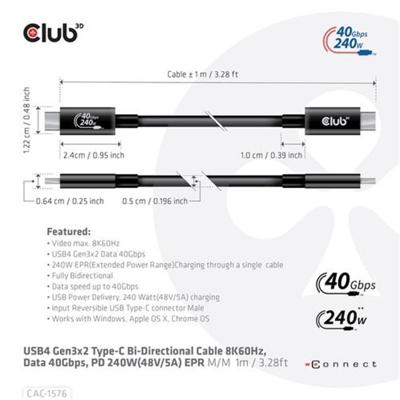 CLUB3D USB4 Gen3x2 Type-C Bi-Directional Cable 8K60Hz, Data 40Gbps, PD 240W(48V/5A) EPR M/M 1m USB IF GECERTIFICEERD
