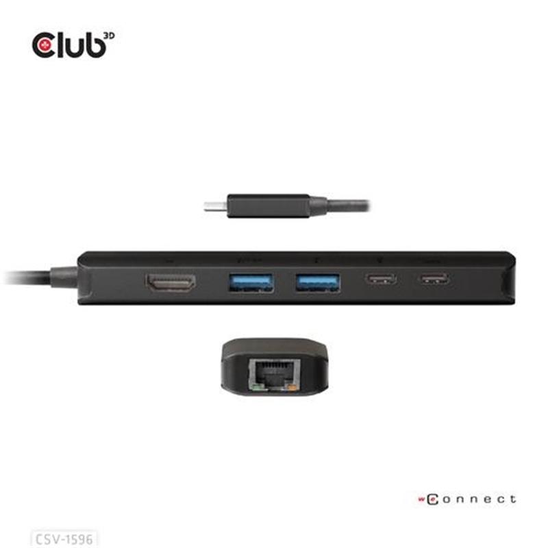 CLUB3D USB Gen1 Type-C, 6-in-1 Hub with HDMI 8K30Hz, 2xUSB Type-A, RJ45 and 2xUSB Type-C, Data and PD charging 100 watt