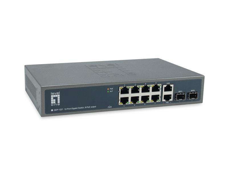 Levelone 12-Port-Gigabit Switch 8-PoE output 2 x Gigabit RJ45 150W PoE Power
