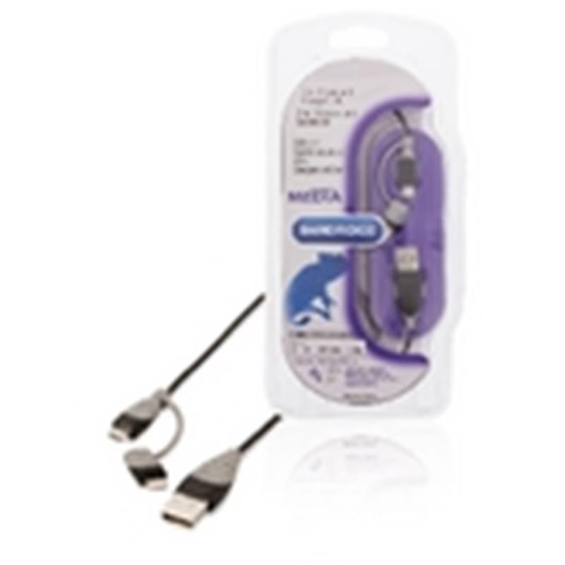 2-in-1 Data en Oplaadkabel USB A Male - Micro-B Male 1.00 m Zwart + Lightning-Adapter