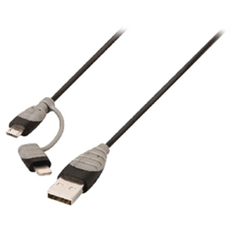 2-in-1 Data en Oplaadkabel USB A Male - Micro-B Male 1.00 m Zwart + Lightning-Adapter