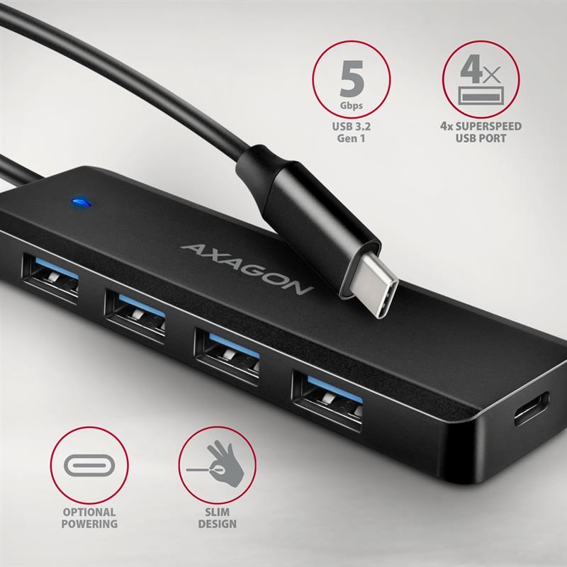 AXAGON 4x USB 5Gbps TRAVEL hub USB-C power IN 19cm USB-C cable