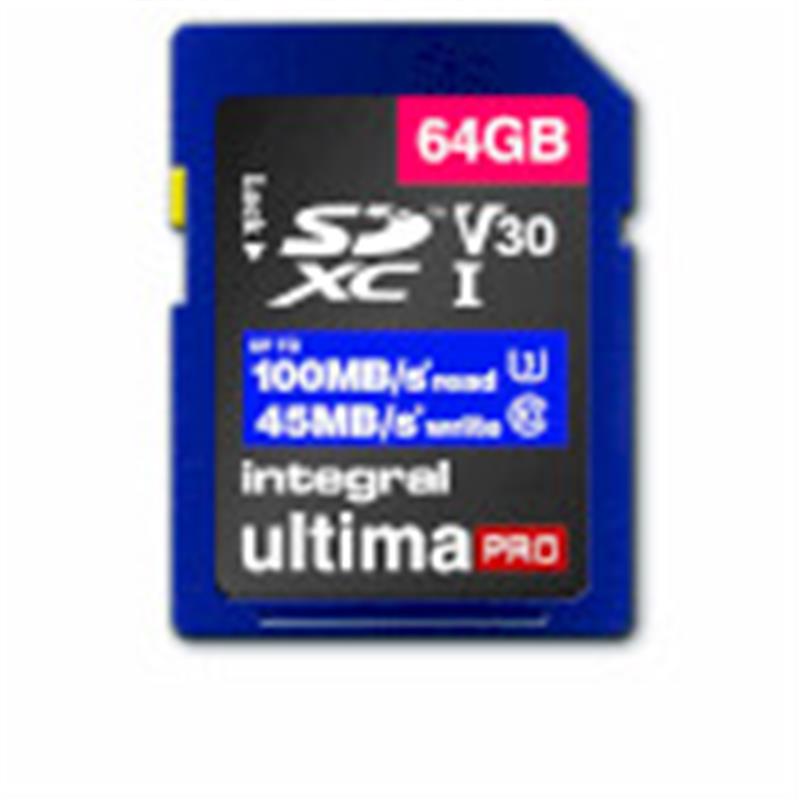 Integral INSDX64G-100V30 64GB SD CARD SDXC UHS-1 U3 CL10 V30 UP TO 100MBS READ 45MBS WRITE flashgeheugen UHS-I