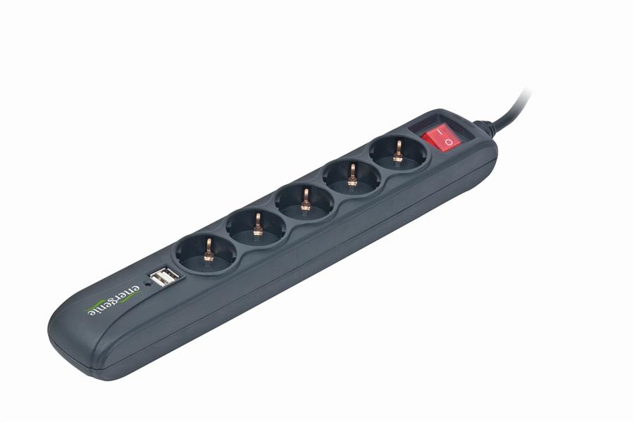Stekkerdoos met schakelaar 5 voudig 2X USB 1 5 meter snoer zwart