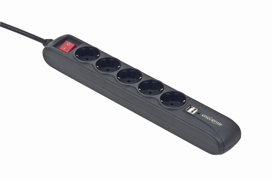 Stekkerdoos met schakelaar 5 voudig 2X USB 1 5 meter snoer zwart