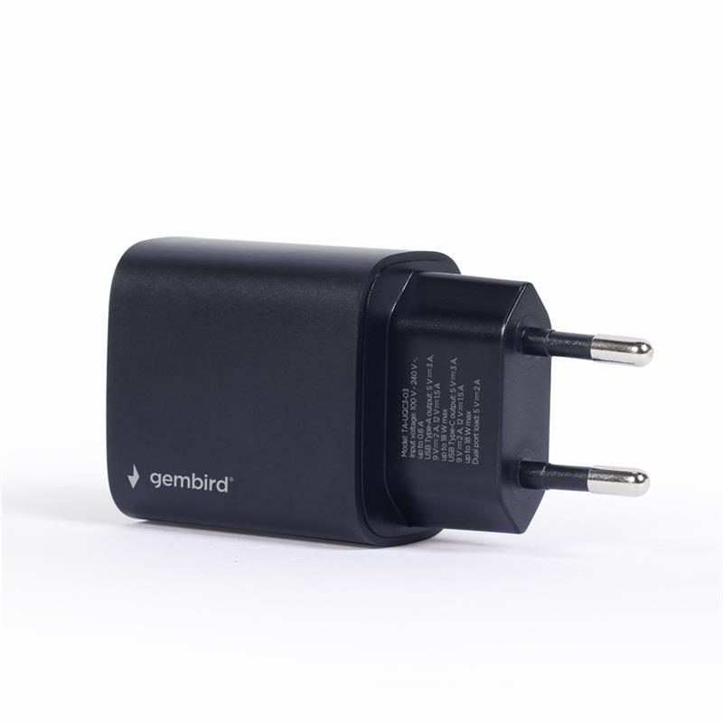 Gembird USB Type-C snellader 18 W zwart 2 port: Type-C port supports 18 W PD Type-A port supports 18 W QC 3 0