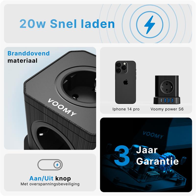 VOOMY USB stekkerdoos 65W voor snel opladen, 10 voudige stekkerdoos met schakelaar, voor familie, keuken en kantoor met 3 USB-C en 2 USB-A 2m 4000W Zwart