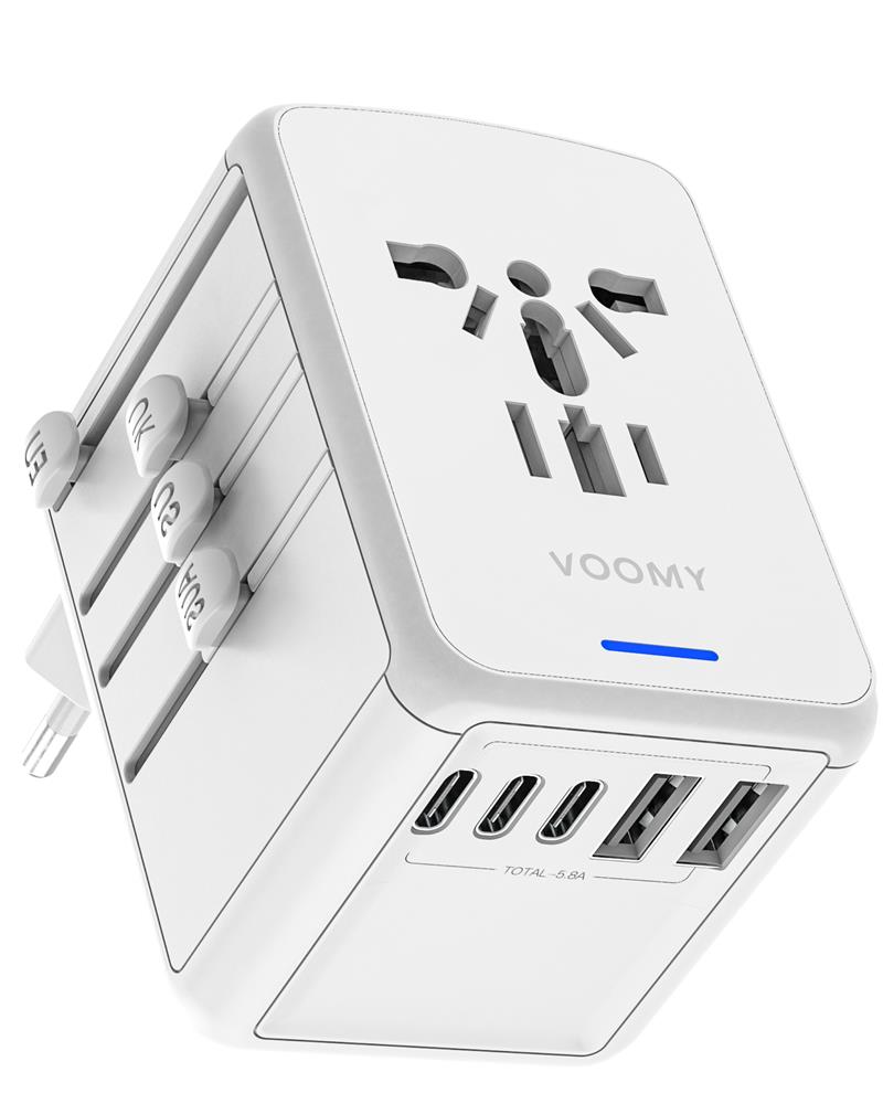 Voomy Travel Y29 - Reisstekker Wereld - 170 Landen - 5 USB Poorten - Wereldstekker Universeel - Wit Wit