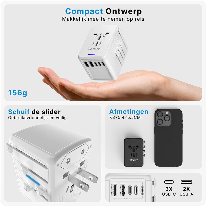 Voomy Travel Y29 - Reisstekker Wereld - 170 Landen - 5 USB Poorten - Wereldstekker Universeel - Wit Wit