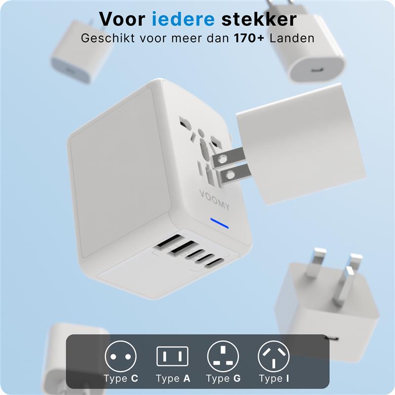 Voomy Travel Y29 - Reisstekker Wereld - 170 Landen - 5 USB Poorten - Wereldstekker Universeel - Wit Wit