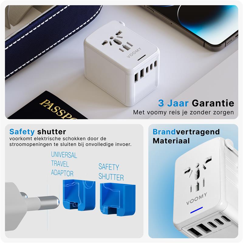 Voomy Travel Y29 - Reisstekker Wereld - 170 Landen - 5 USB Poorten - Wereldstekker Universeel - Wit Wit