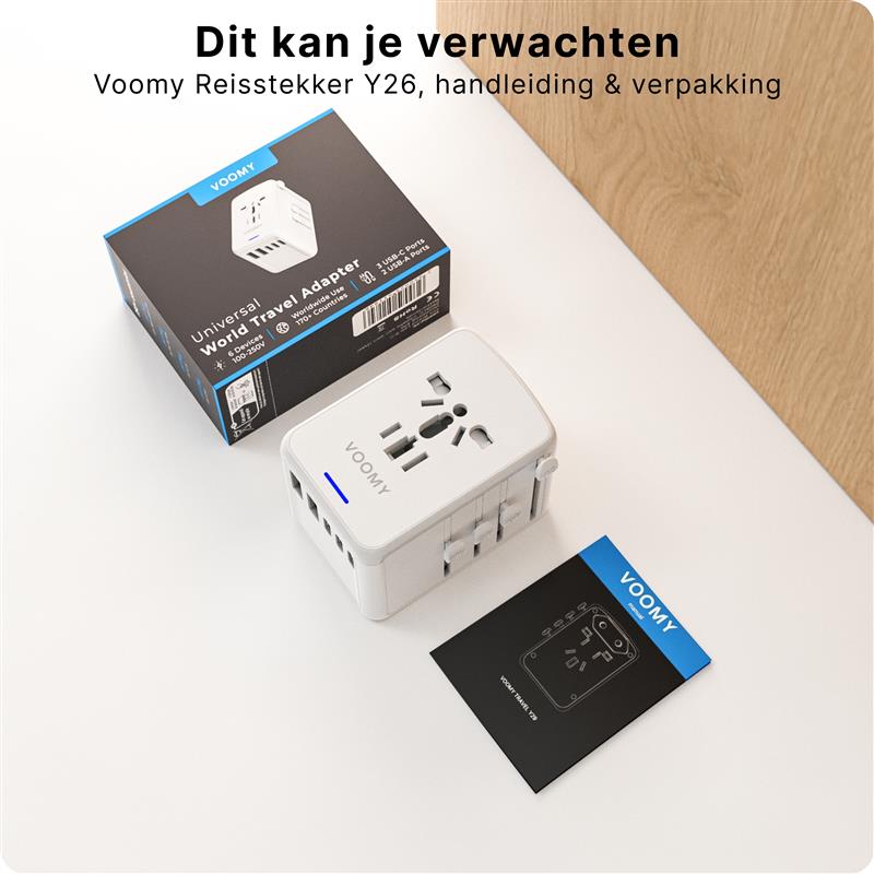 Voomy Travel Y29 - Reisstekker Wereld - 170 Landen - 5 USB Poorten - Wereldstekker Universeel - Wit Wit