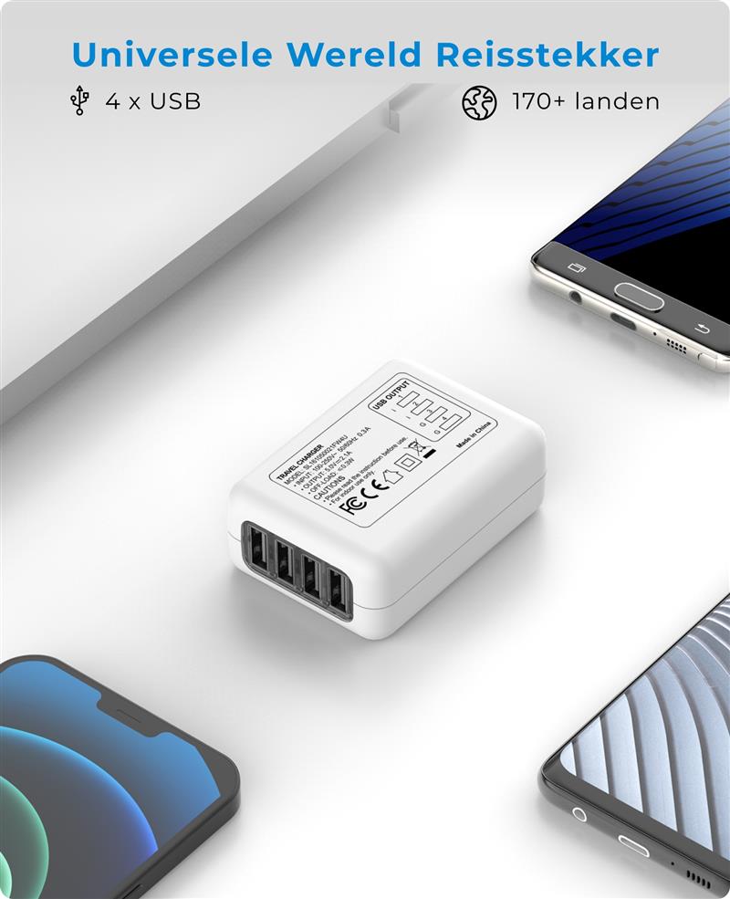 Voomy Travel Y40 Reisstekker Wereld - 4 USB Poorten - Wereldstekker Universeel - Wit Wit