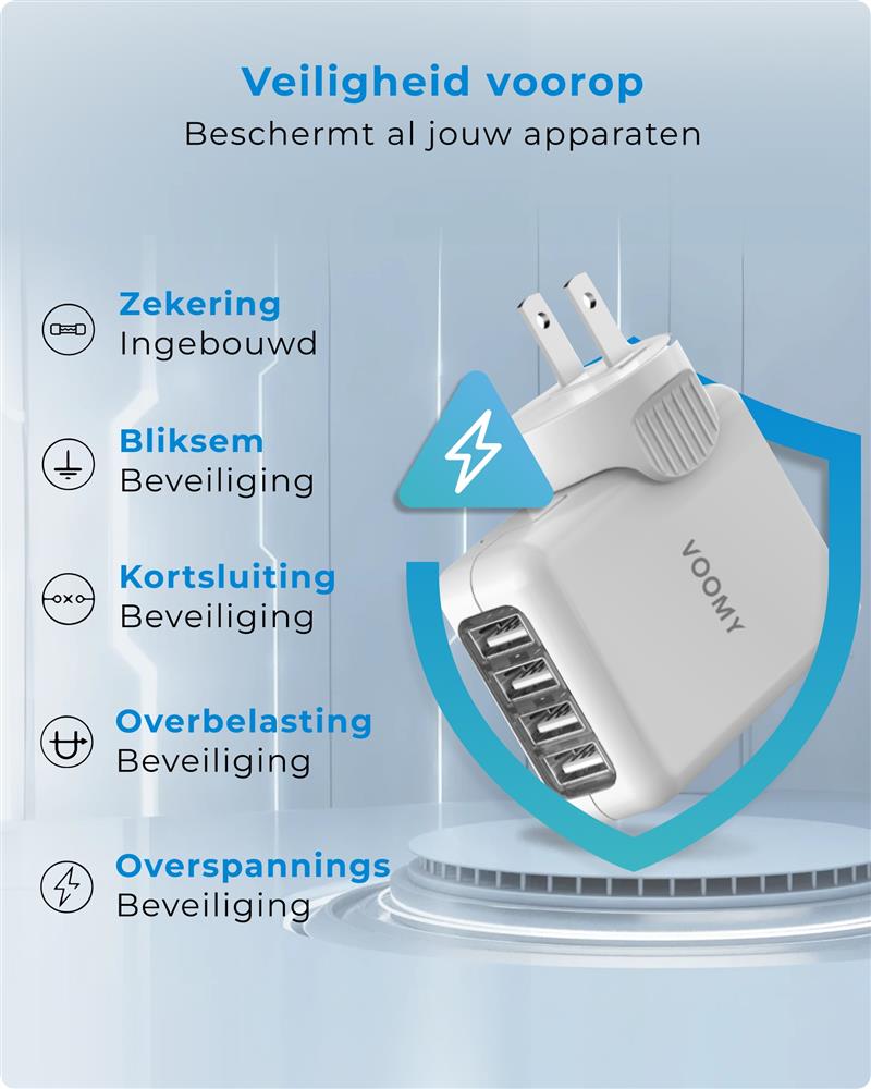 Voomy Travel Y40 Reisstekker Wereld - 4 USB Poorten - Wereldstekker Universeel - Wit Wit