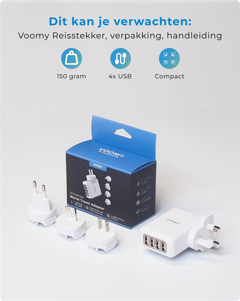 Voomy Travel Y40 Reisstekker Wereld - 4 USB Poorten - Wereldstekker Universeel - Wit Wit