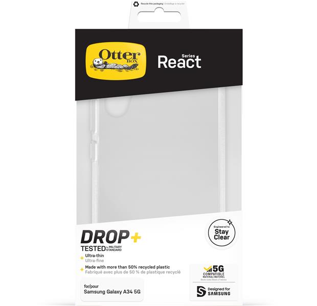 OtterBox React-hoesje voor Galaxy A34 5G, schokbestendig, valbestendig, ultradun, beschermende, getest volgens militaire standaard, Antimicrobieel, Cl