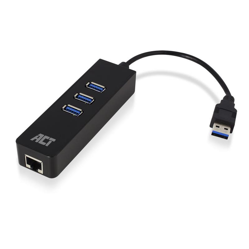 ACT USB Hub 3 2 3x USB-A ethernet zwart
