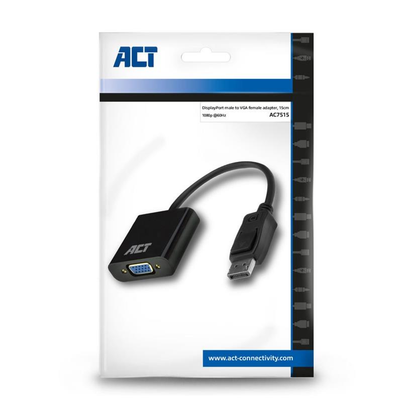 ACT AC7515 video kabel adapter 0,15 m DisplayPort VGA (D-Sub) Zwart