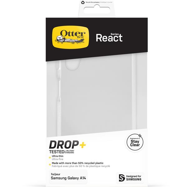 OtterBox React-hoesje voor Galaxy A14, schokbestendig, valbestendig, ultradun, beschermende, getest volgens militaire standaard, Antimicrobieel, Clear