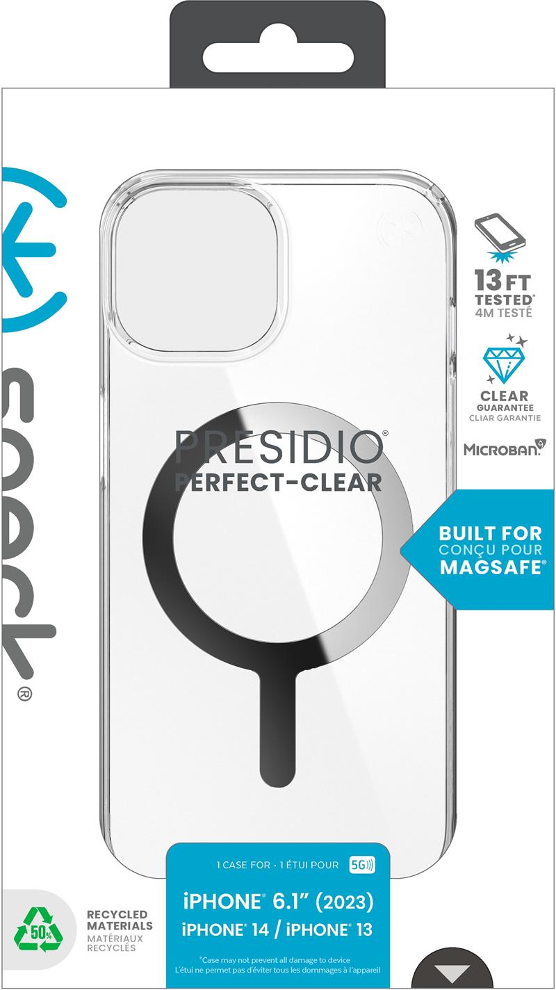 Speck Presidio Perfect Clear + MS Apple iPhone 15/14/13 Clear - with Microban