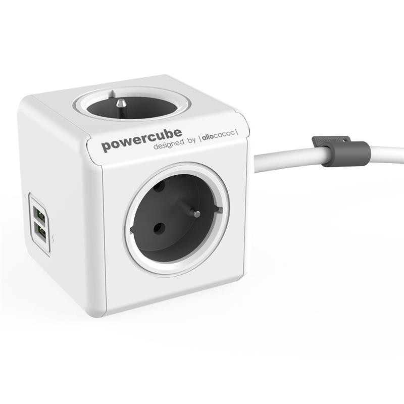 Allocacoc PowerCube Extended stekkerdoos met USB poorten 3 sockets type E 1 5m wit grijs