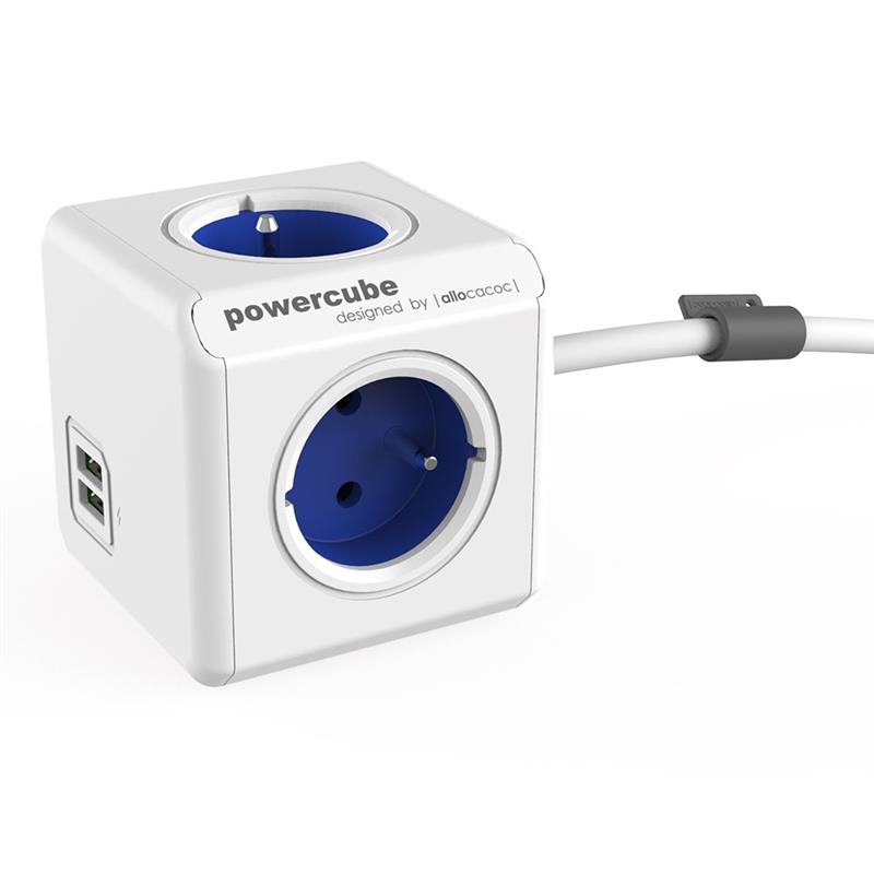 Allocacoc PowerCube Extended stekkerdoos met USB poorten 3 sockets type E 1 5m wit blauw