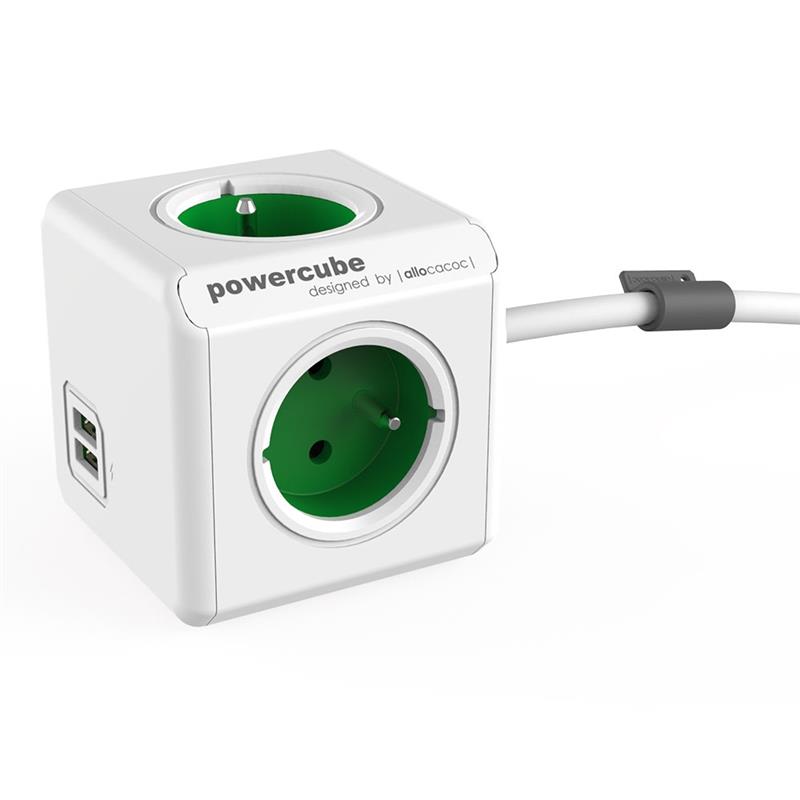 Allocacoc PowerCube Extended stekkerdoos met USB poorten 3 sockets type E 1 5m wit groen
