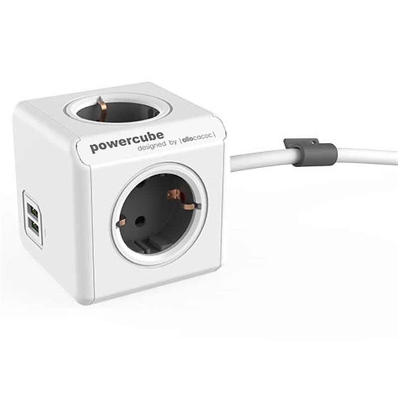Allocacoc PowerCube Extended stekkerdoos met USB poorten 4 sockets 3m wit grijs