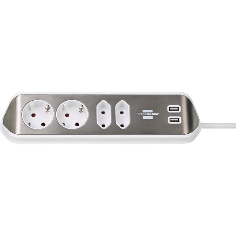 Brennenstuhl Estilo Corner stekkerdoos met USB poorten 4 sockets 2m zilver