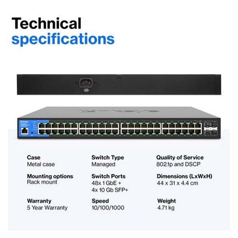 Linksys 48-poorts Gigabit PoE+-netwerkswitch, 740 W, met vier 10G-SFP+-uplinkpoorten