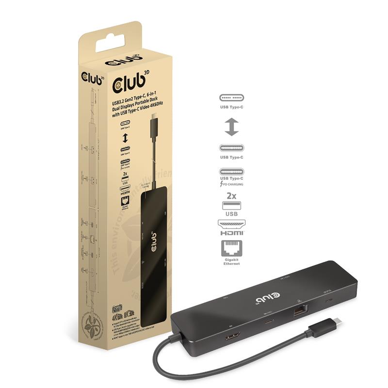 CLUB3D USB3.2 Gen2 Type-C, 6-in-1 Dual Displays Portable Dock with USB Type-C Video 4K60Hz