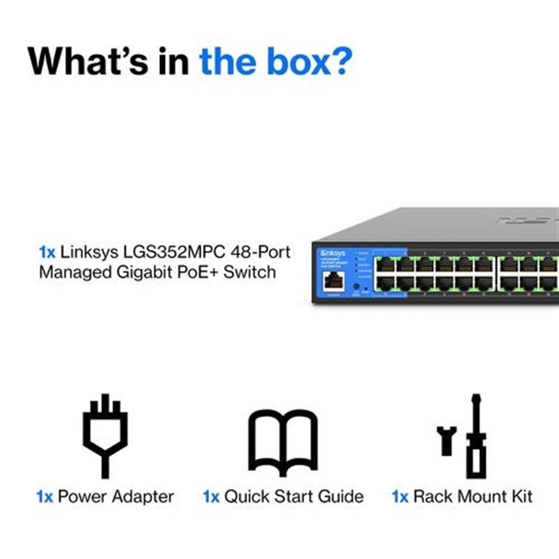 Linksys 48-poorts Gigabit PoE+-netwerkswitch, 740 W, met vier 10G-SFP+-uplinkpoorten