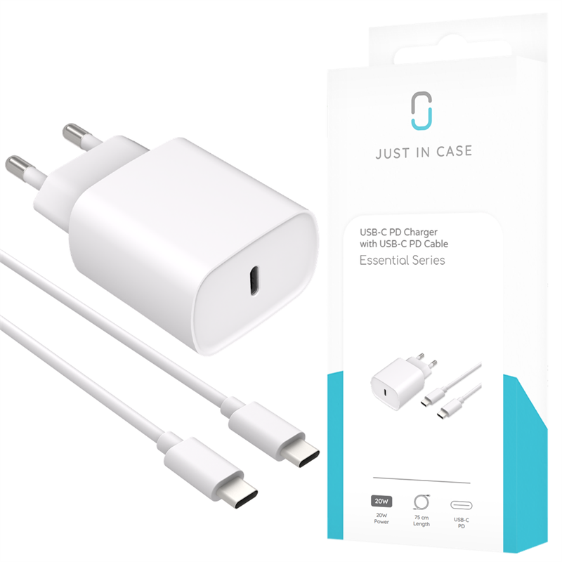 Essential USB-C PD Charger 20W Essential USB-C PD Cable 75cm White